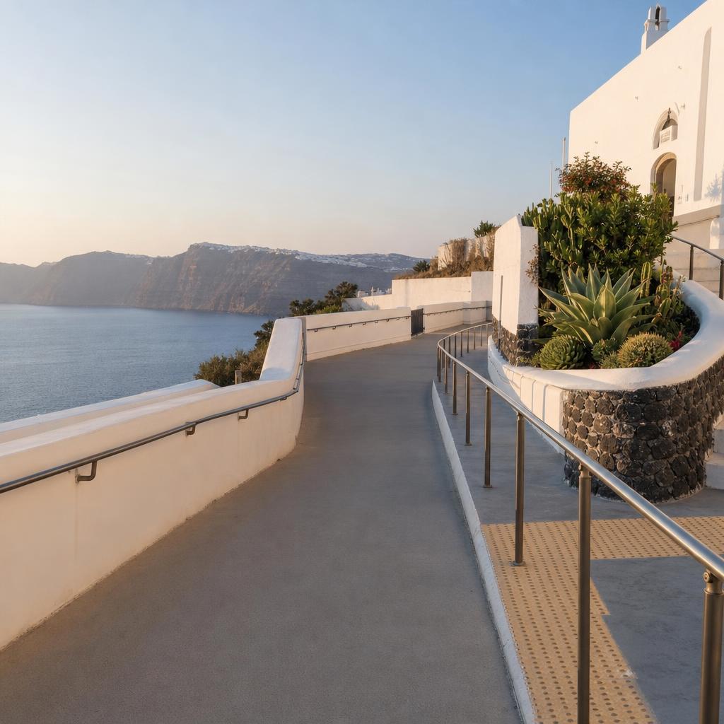 Clear promenade and gentle access ramp beside white Cycladic buildings overlooking the Santorini caldera