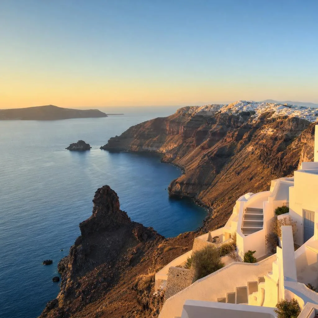 Santorini caldera and Cycladic architecture during golden hour in Greece