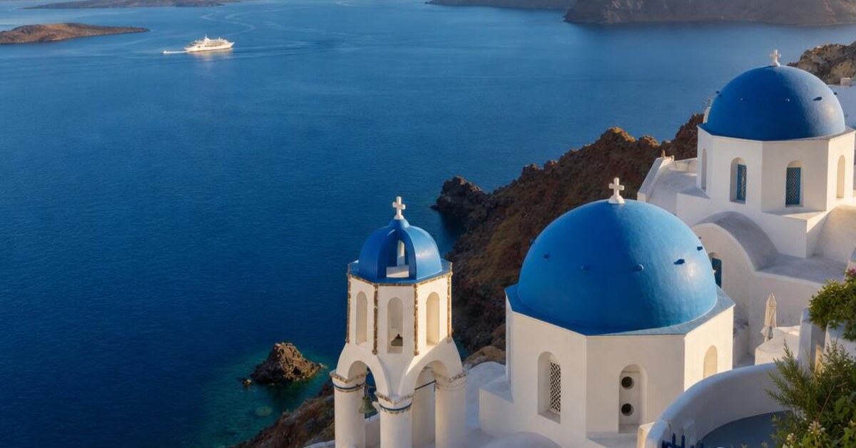 Blue-domed Santorini churches overlooking the Aegean Sea, Cyclades islands and a ferry with no people visible