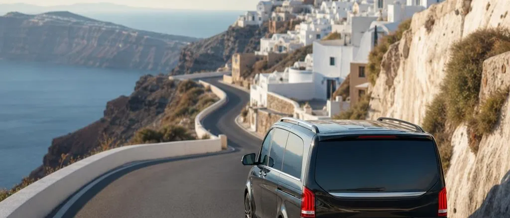 Private transfer vehicle travelling between Oia and Fira in Santorini