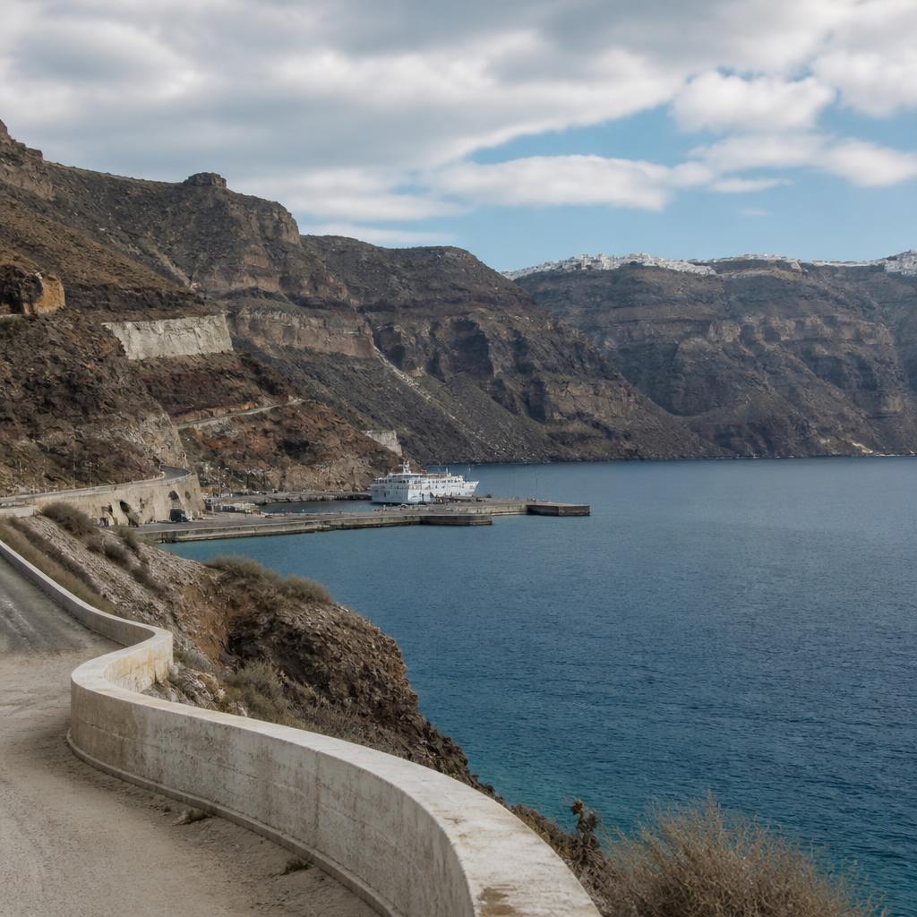 AI-generated editorial image representing Athinios Ferry Port on Santorini with the Aegean Sea and volcanic cliffs