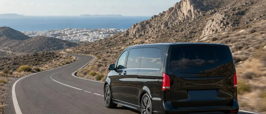 Private transfer vehicle travelling from Santorini Airport to Kamari