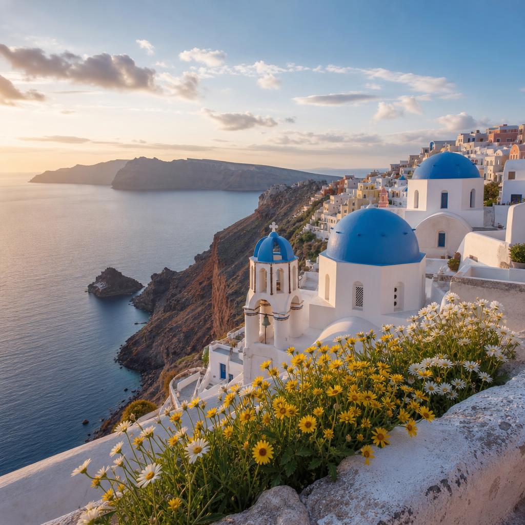 Whitewashed Oia village on the Santorini caldera in soft spring morning light with wildflowers in the foreground