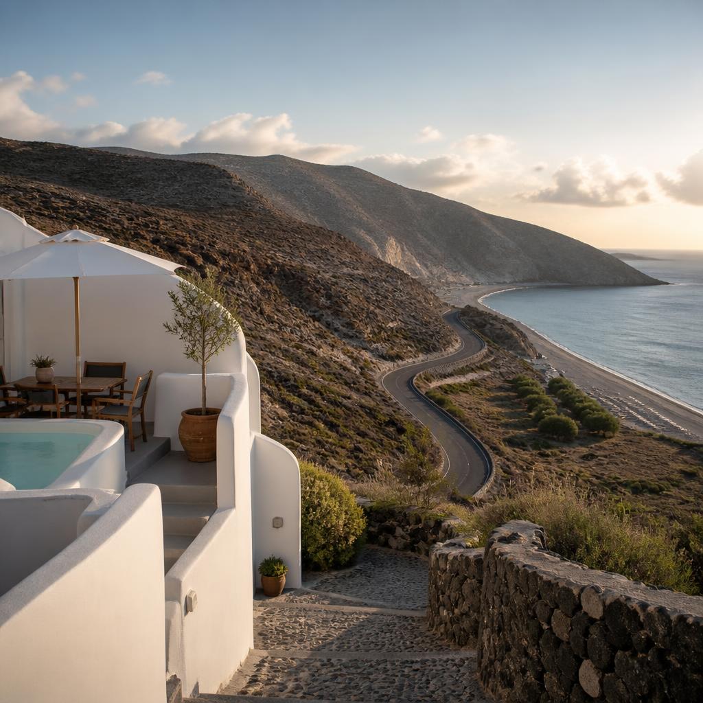 Santorini coast between the caldera and beach accommodation