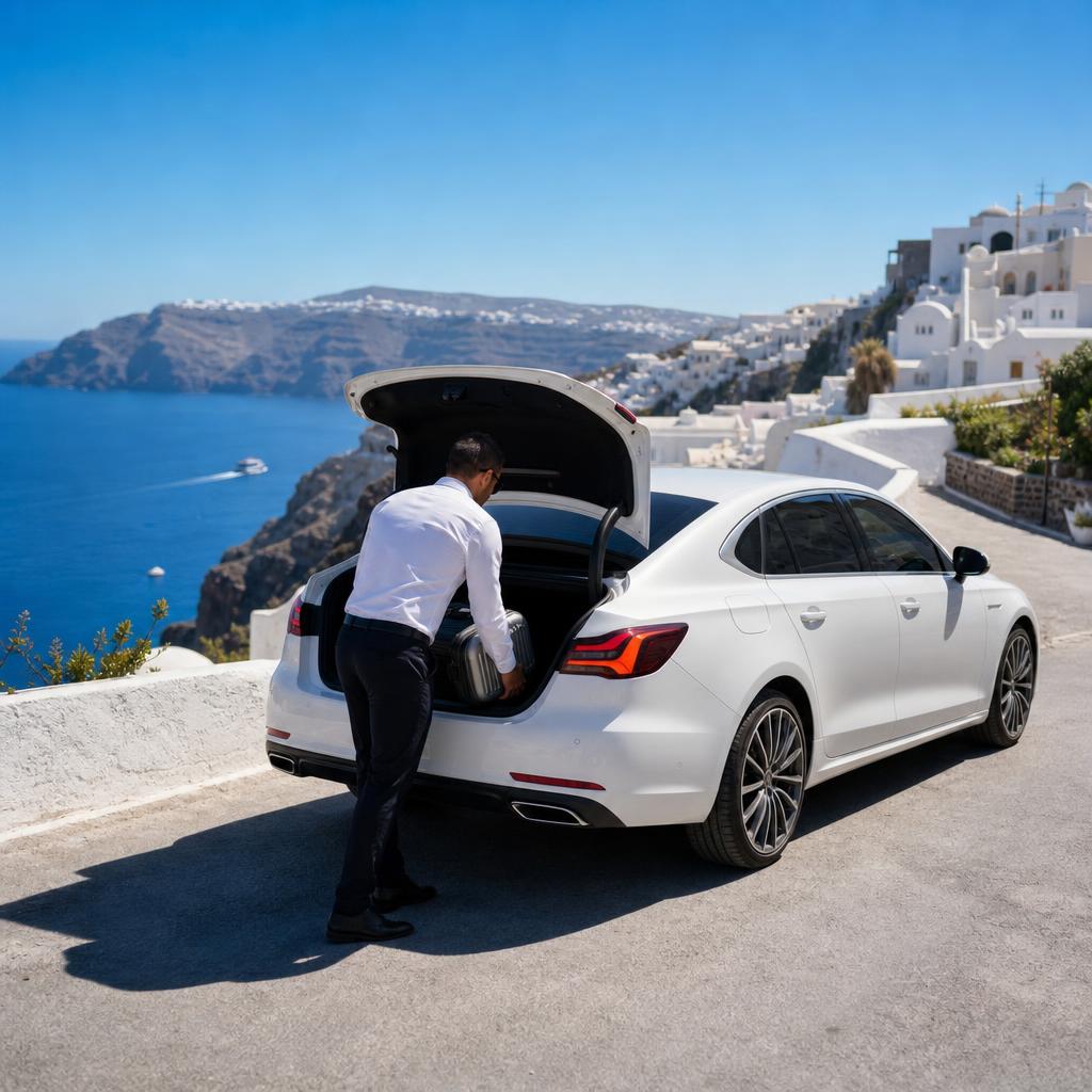 Private transfer driver loading luggage into a car on a sunlit Santorini road above the caldera, ready to depart
