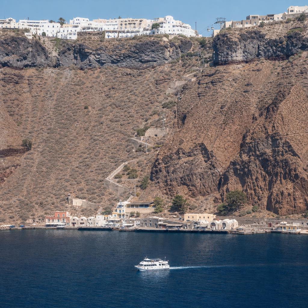 Santorini old Skala port and caldera cliffs viewed from the Aegean Sea