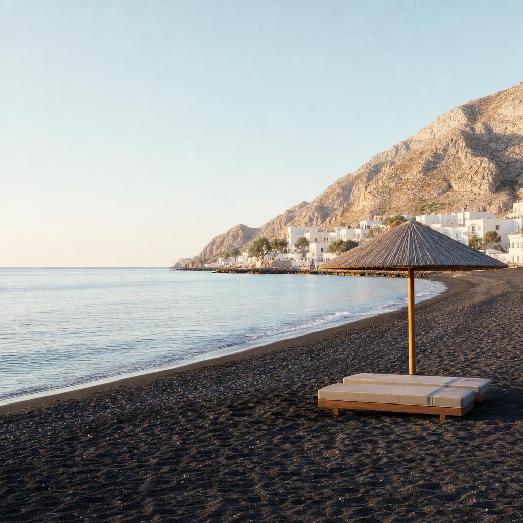 Quiet black-sand beach and calm Aegean water on a family-friendly Santorini morning