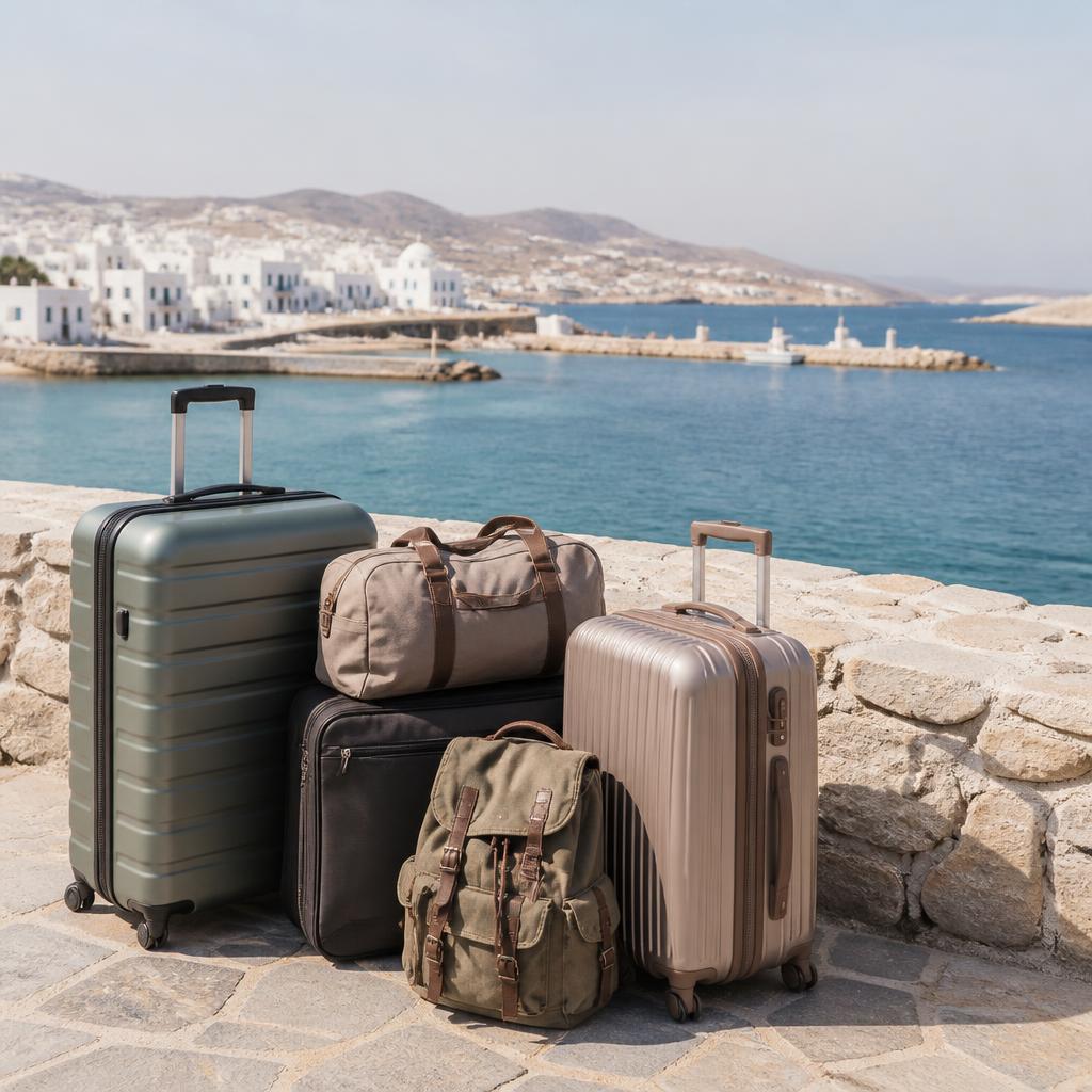 Luggage for an arrival at Santorini's ferry port