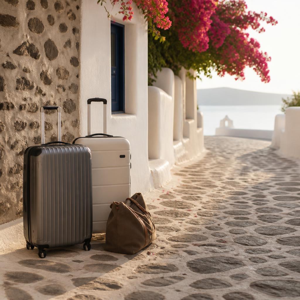 AI-generated editorial image of suitcases on a whitewashed Cycladic lane near a Santorini accommodation