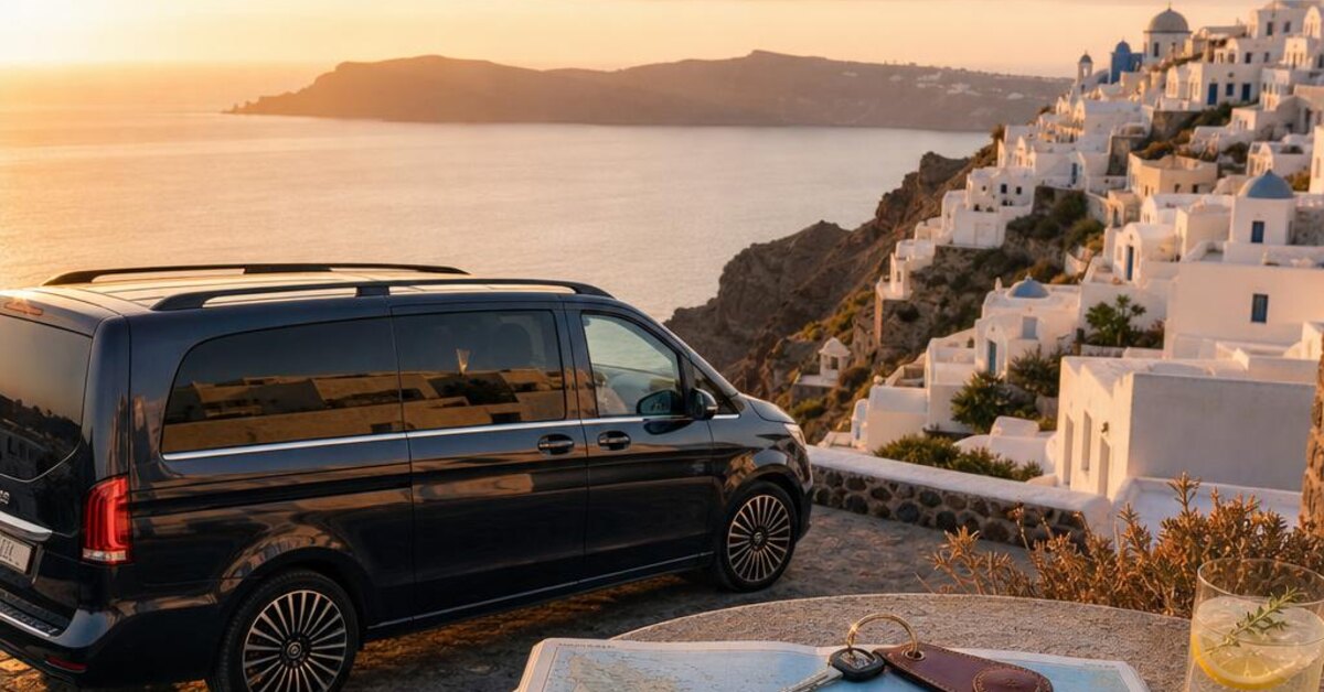 Private transfer van, island map and local food overlooking the Santorini caldera with no people visible