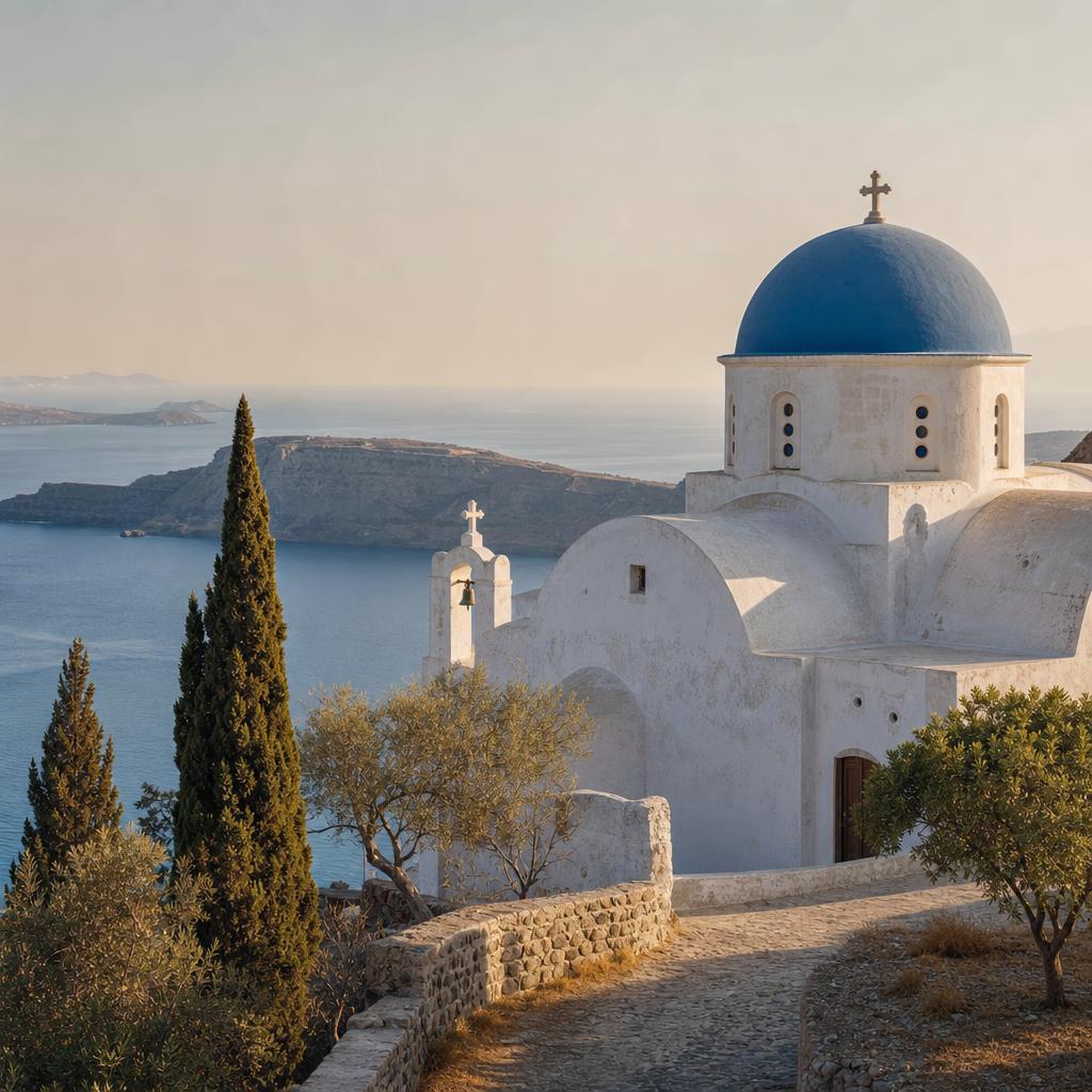 Whitewashed Santorini church and blue dome above the Aegean with a quiet stone path