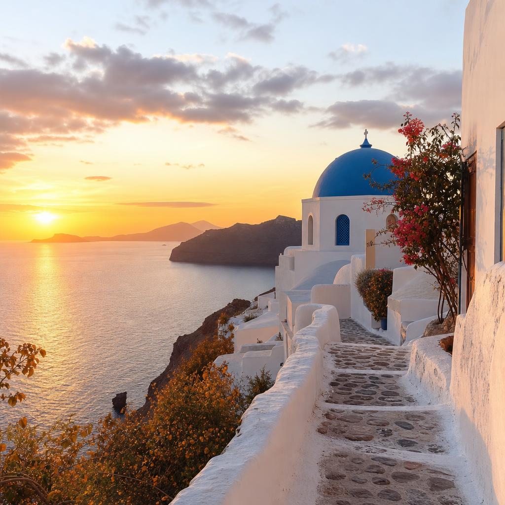Santorini caldera village at a quiet October sunset