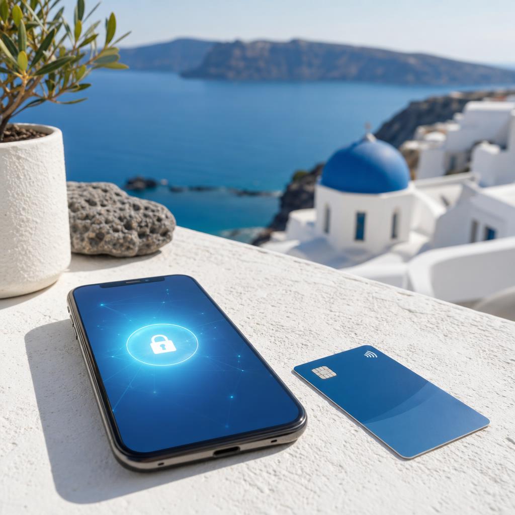 Secure online card payment for a Santorini transfer beside the Aegean Sea