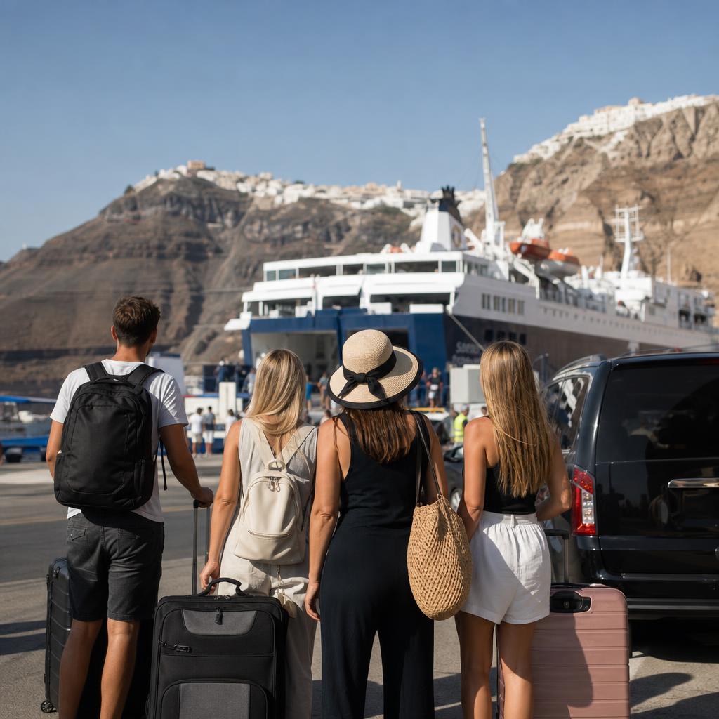 Private transfer waiting near Athinios Port in Santorini for a ferry arrival and return transfer package