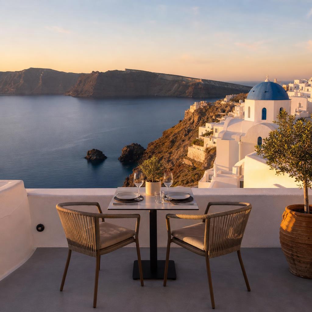 Romantic Santorini caldera setting for couples overlooking the Aegean Sea
