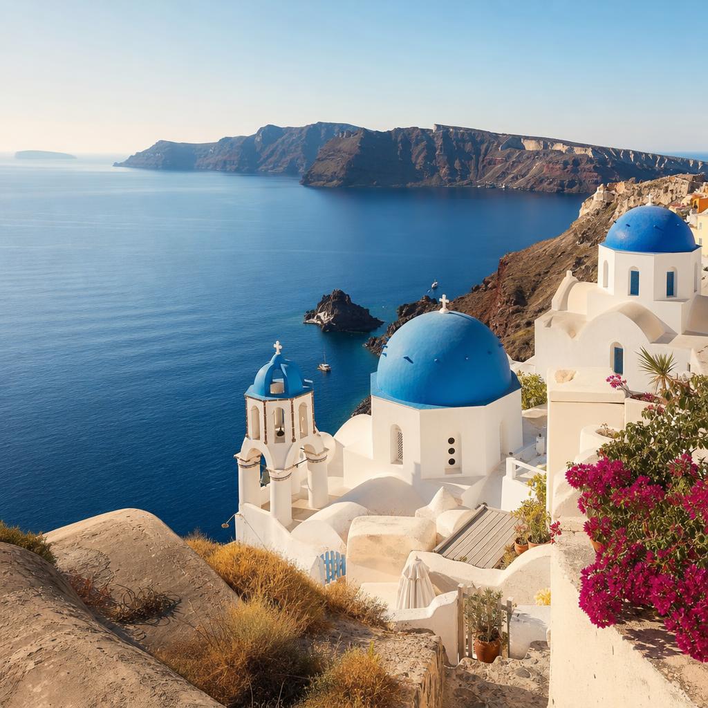 Santorini in September overlooking the Aegean Sea in the Cyclades Greece
