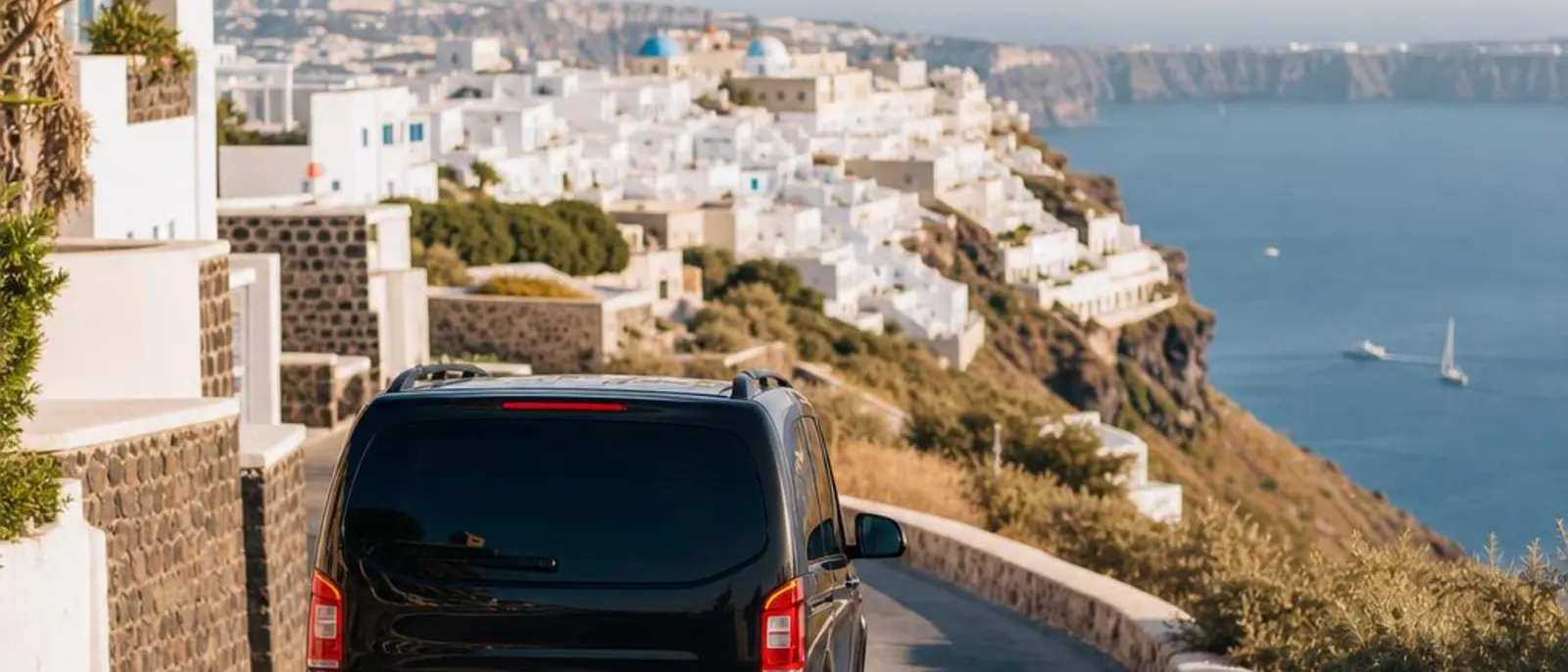 Private transfer vehicle on a Santorini road with the caldera villages in the distance