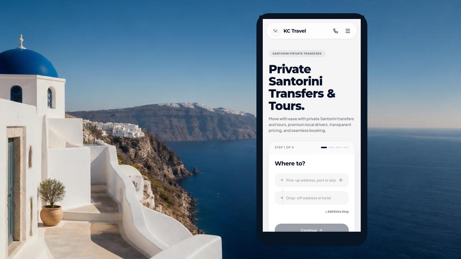 KC Travel booking screen for checking a Santorini transfer price over the Santorini caldera