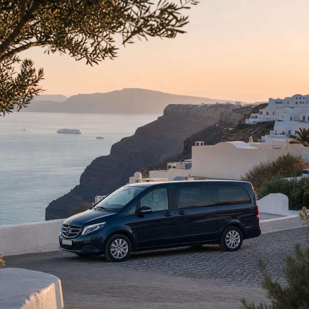Private transfer vehicle on a Santorini road with the Aegean caldera in the distance