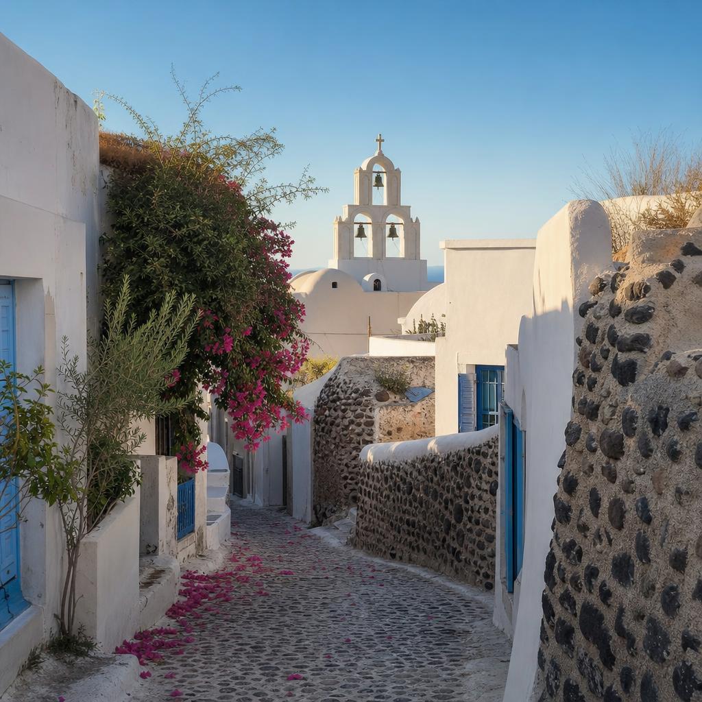 Quiet whitewashed lane with volcanic stone walls in a traditional Santorini village