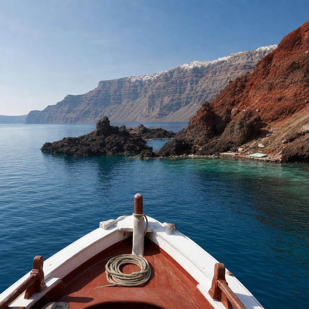 Empty boat approaching the volcanic islets and hot springs in Santorini's caldera