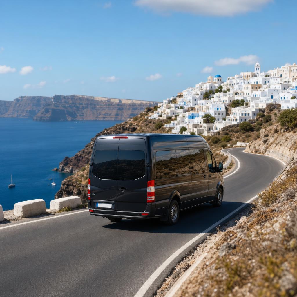 Private transfer vehicle on a Santorini road overlooking the Aegean Sea