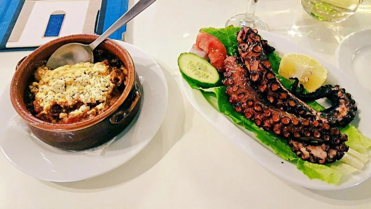 Greek dishes served at The Greeks restaurant in Fira, Santorini