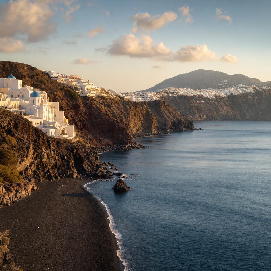Santorini caldera villages and volcanic beach coastline in warm evening light