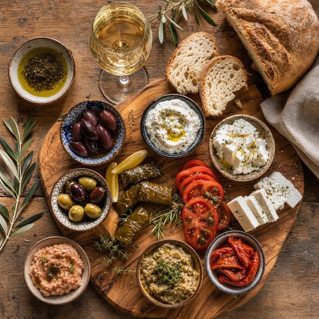 Bread, olives, tomatoes, cheese and wine arranged on a wooden table